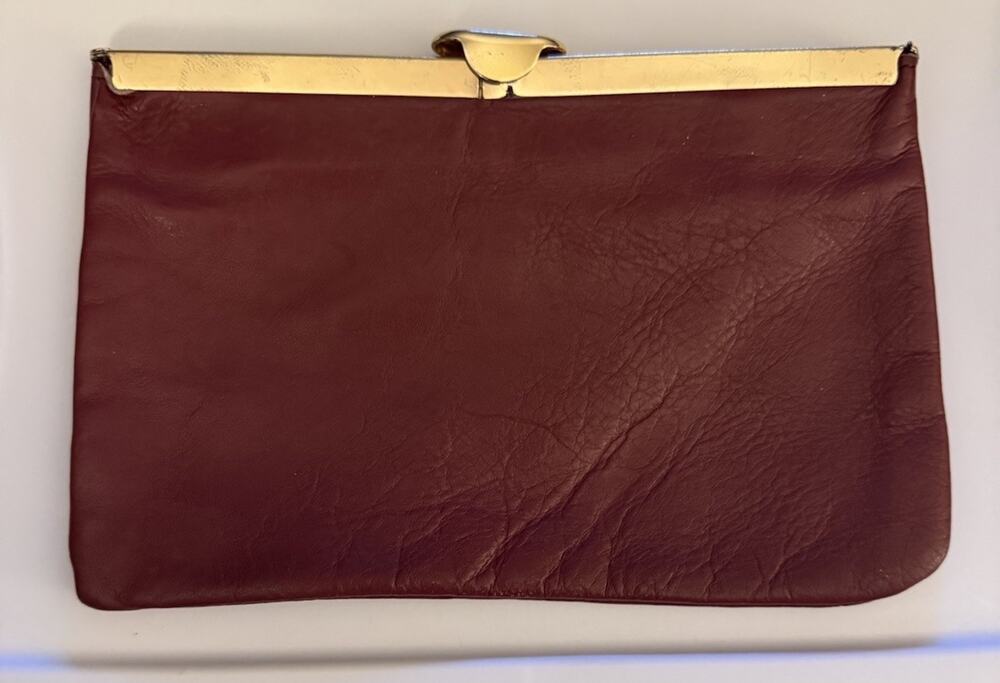 VTG Envelope Clutch Genuine Leather Purse Burgundy Gold Trim Handbag Kisslock